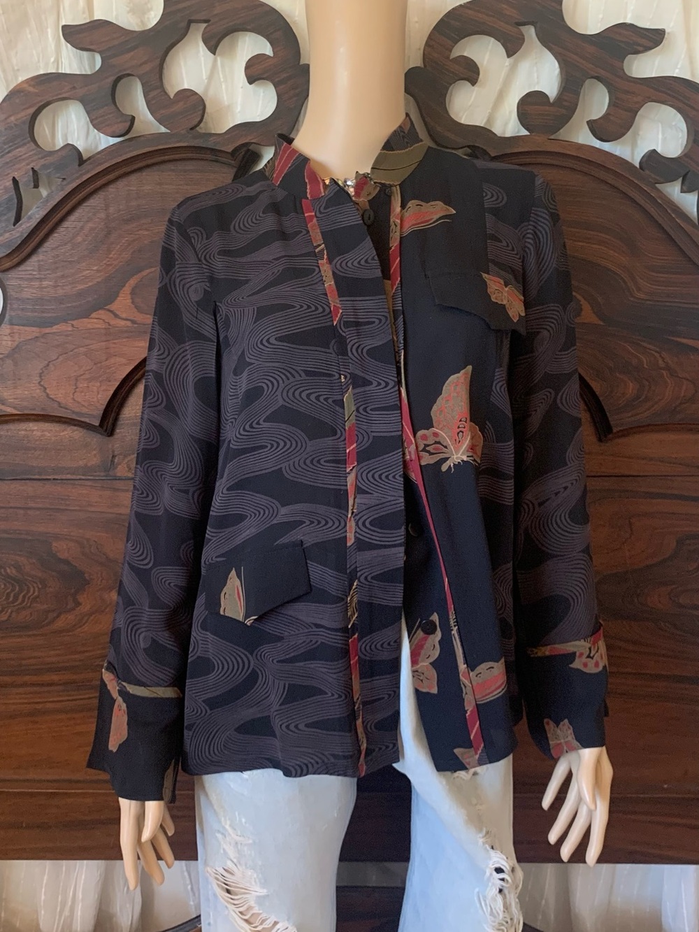 HARARI silk black and burgundy swirls and butterflies top blouse indie fairycore